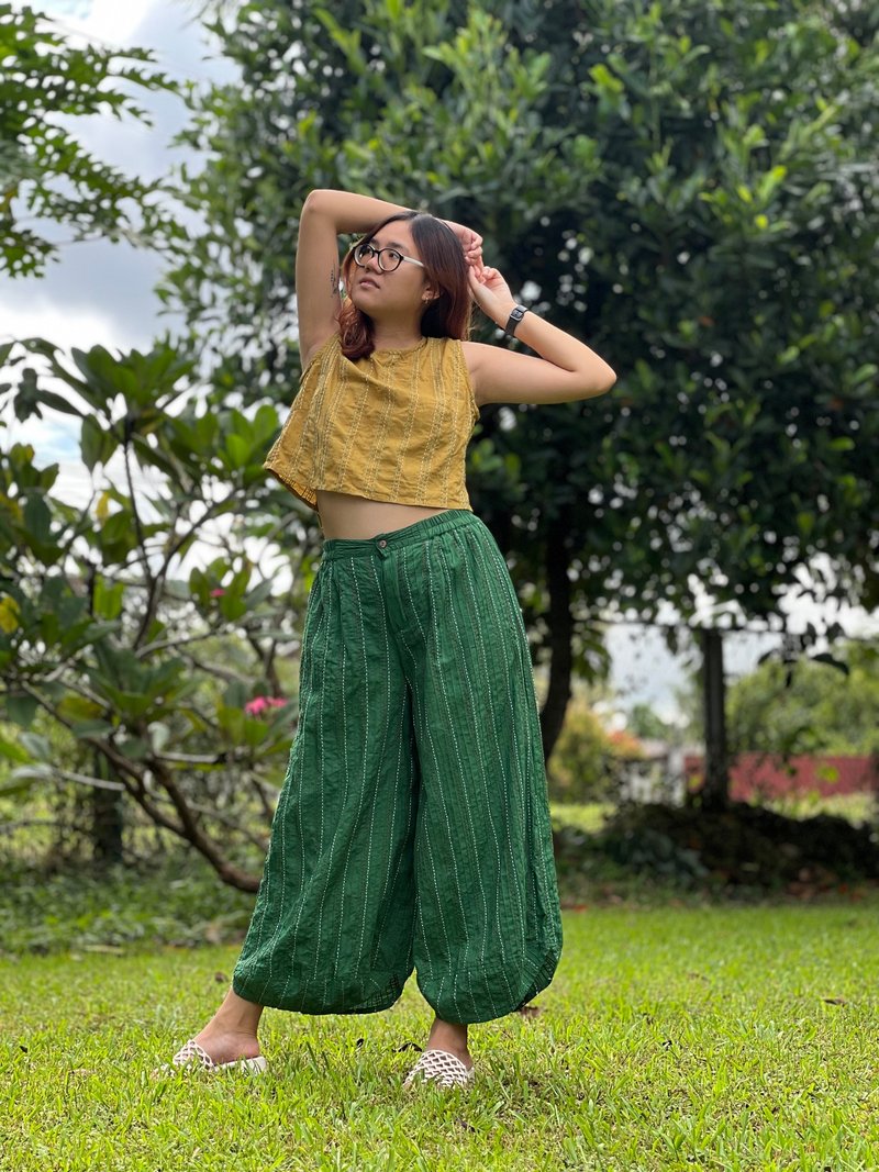 Hand Embroidered Wide Leg Cotton Pants - Green Relaxed Fit - 女長褲 - 棉．麻 綠色