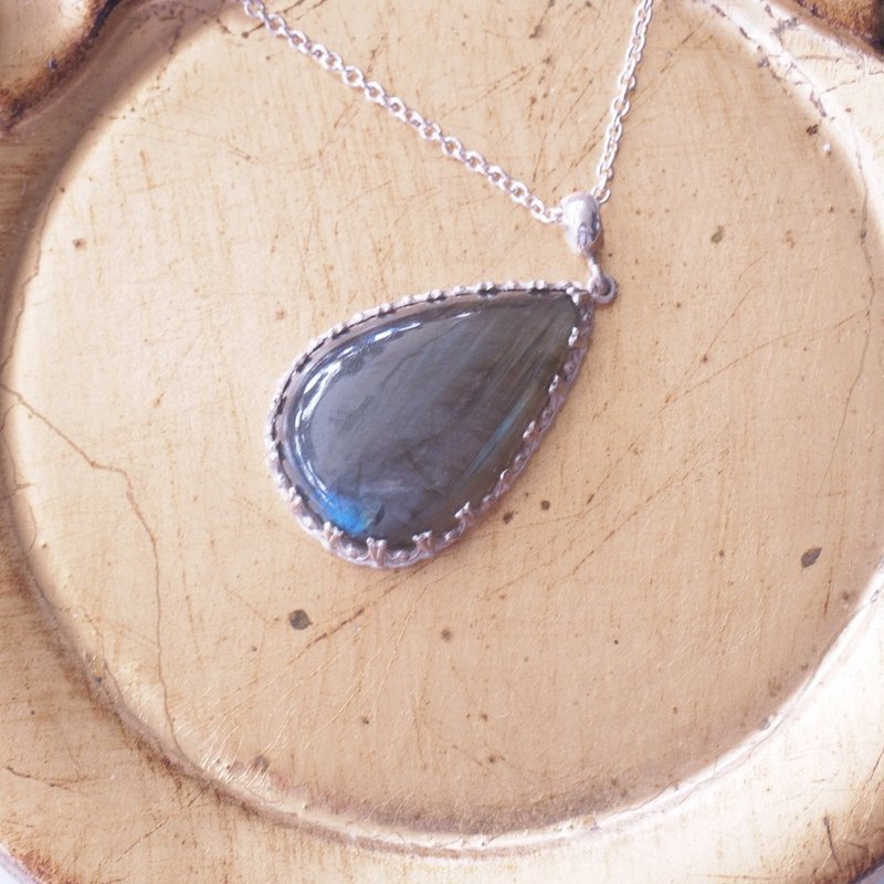 天然拉長石 手工純銀包鑲 含銀鍊 Labradorite handmade necklace - 項鍊 - 半寶石 