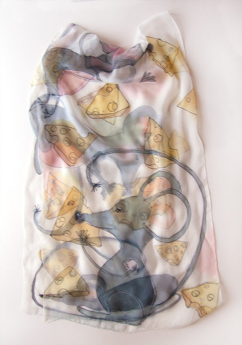 Silk chiffon scarf- Mouses dreaming for cheese - ผ้าพันคอ - ผ้าไหม หลากหลายสี