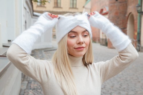 GemKnitDesign Angora headband with cat ears Fluffy white knitted ear warmer