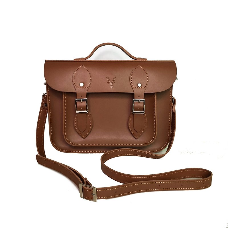 11-inch classic Cambridge bag, brown messenger bag, leather school bag, slung portable dual-use bag, custom logo - กระเป๋าแมสเซนเจอร์ - หนังแท้ 