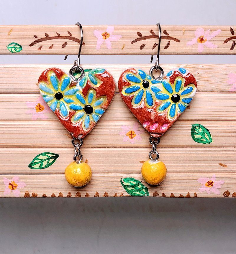 復古風壓花 手作黏土耳環 手繪捏製 不銹鋼 吊墜款 - 耳環/耳夾/耳骨夾 - 黏土 咖啡色