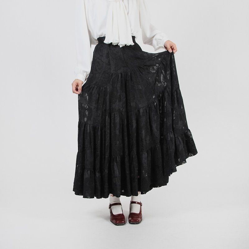 [Egg Plant Vintage] Midnight Rose Long Edition Vintage Cake Skirt - กระโปรง - เส้นใยสังเคราะห์ สีดำ