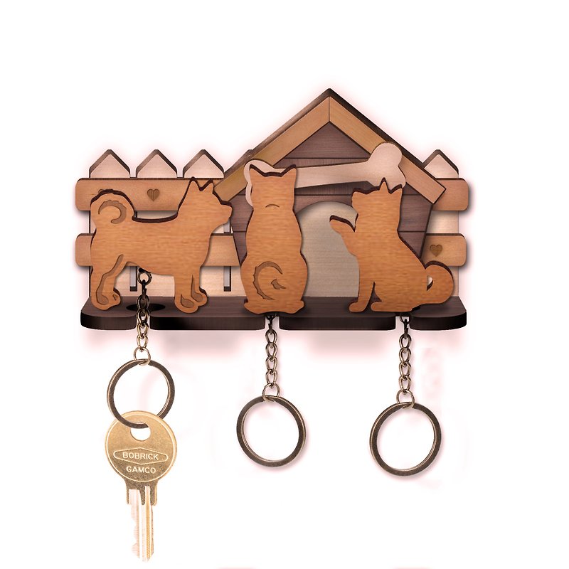 一窩狗柴犬鑰匙圈掛架+鑰匙圈三入 - 裝飾/擺設  - 木頭 橘色