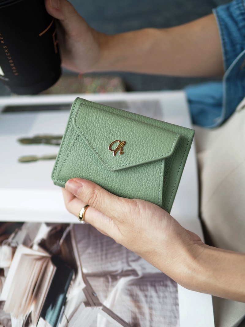 Maily (Melon green) : Tri-fold wallet, Short wallet, cow leather - 皮夾/長短夾/錢包 - 真皮 綠色
