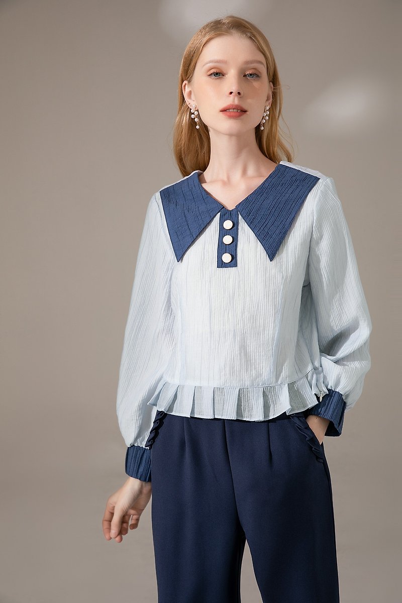 Colorblock Peak Collar Press-Drop Top | Blue | Non-Stretch | Lined - Women's Tops - Polyester Blue