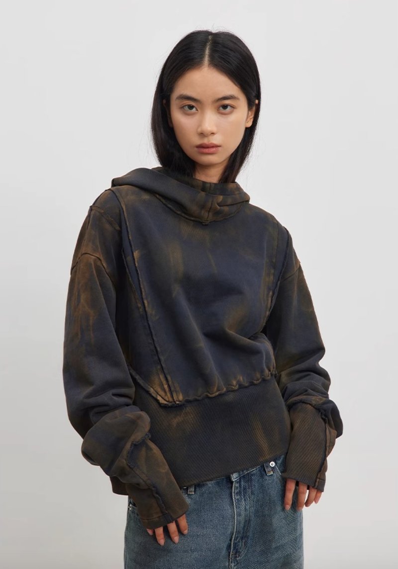 Hand-painted War Damage Hoodie 手繪做舊擦色衛衣 - 帽T/大學T - 棉．麻 藍色