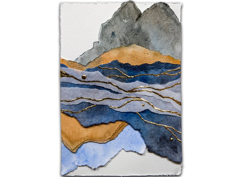 Abstract Landscape Painting Original Art Mixed-Media Artwork Collage Technique - 海報/掛畫/掛布 - 紙 藍色