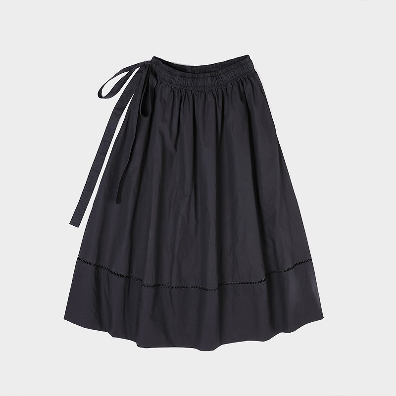棉．麻 裙子/長裙 黑色 - 全棉拼接鏤空百褶半身裙