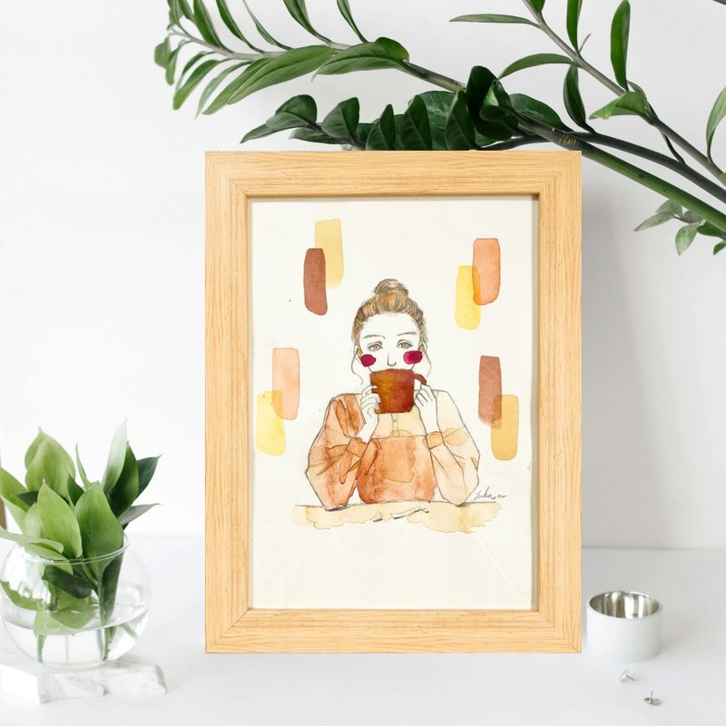 Stylish original illustration Cafe A4 framed Beautiful woman - โปสเตอร์ - กระดาษ สีนำ้ตาล