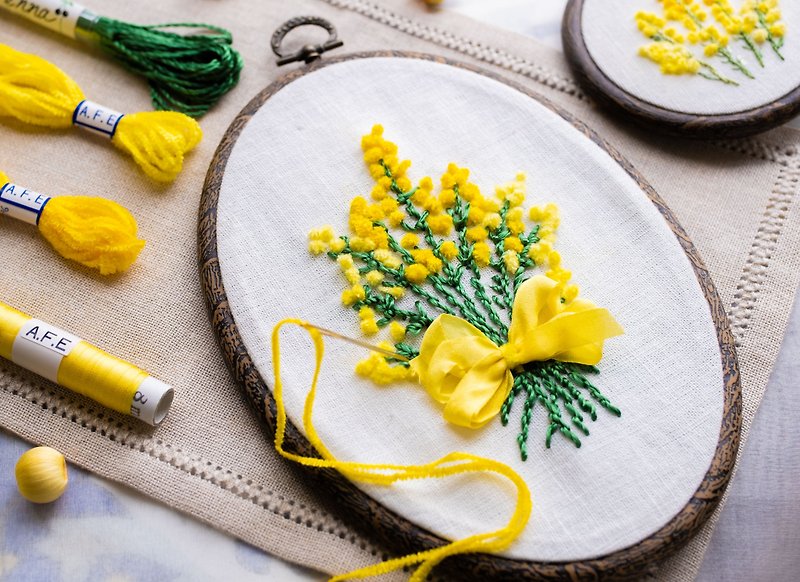 Mimosa flower embroidery production kit For those who want to embroider firmly with a large frame - Knitting, Embroidery, Felted Wool & Sewing - Thread Yellow