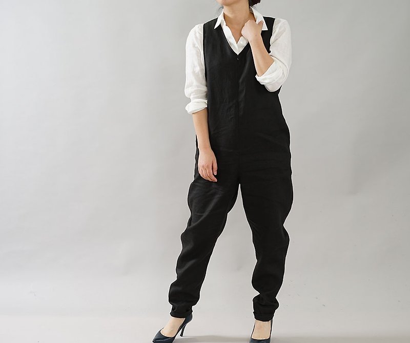 wafu linen tapered / All-in-one / front zipper pocket / black b007a-bck2 - จัมพ์สูท - ผ้าฝ้าย/ผ้าลินิน สีดำ