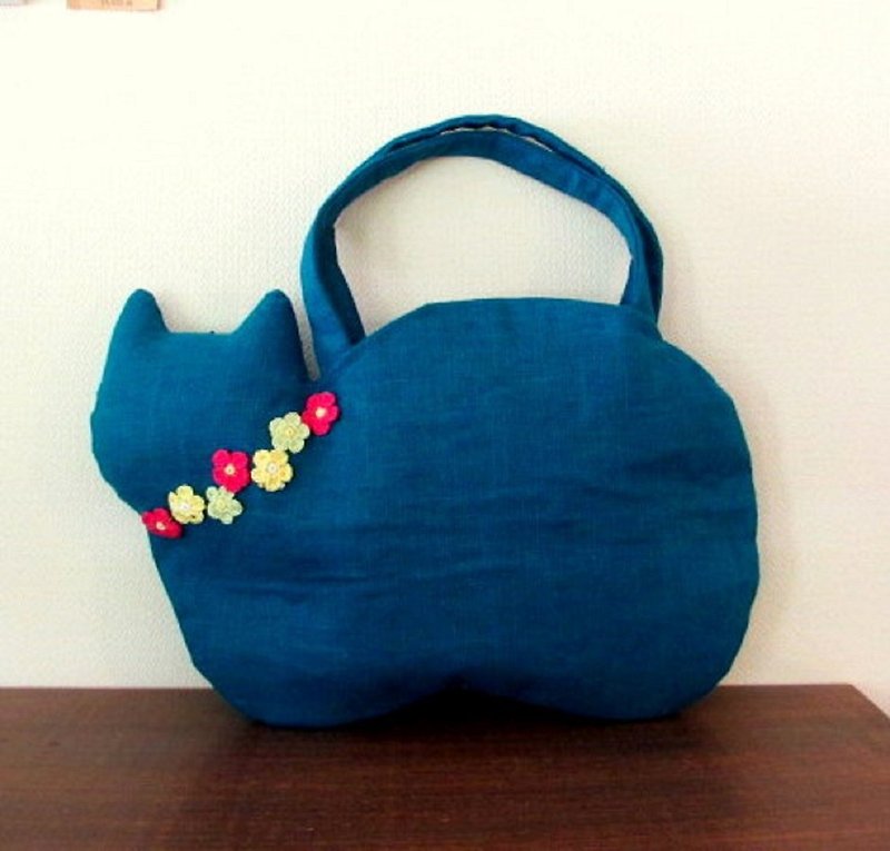 新作 スラブリネン お花の猫バッグ ターコイズブルーA - 手提包/手提袋 - 棉．麻 藍色