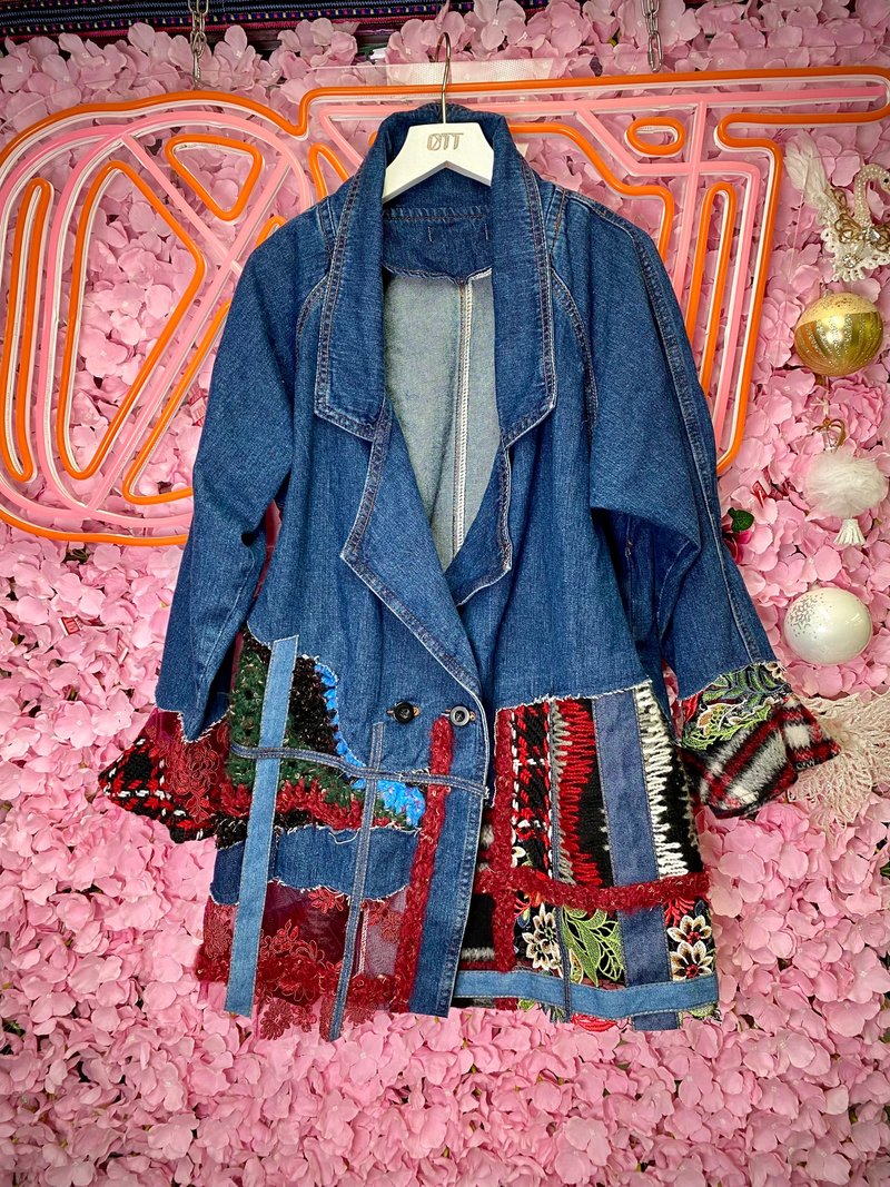 OTT unique•Denim patchwork handwoven checkered lace coat Shop