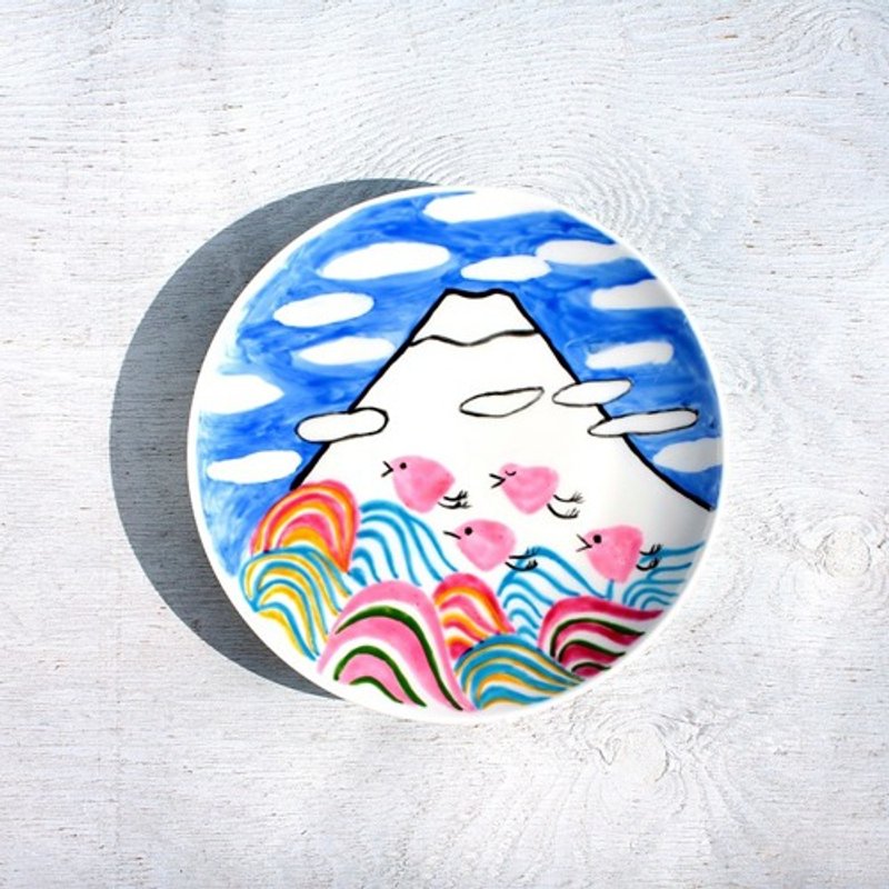 冬の富士山（波千鳥）色絵皿 - 碟子/醬料碟/醬油碟 - 陶 