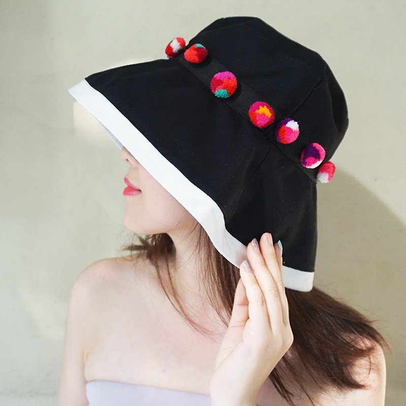 ATIPA Madame Coco Pom Pom Hat - Hats & Caps - Cotton & Hemp Black