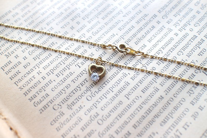 Heart- zircon brass handmade necklace - Necklaces - Copper & Brass Gold