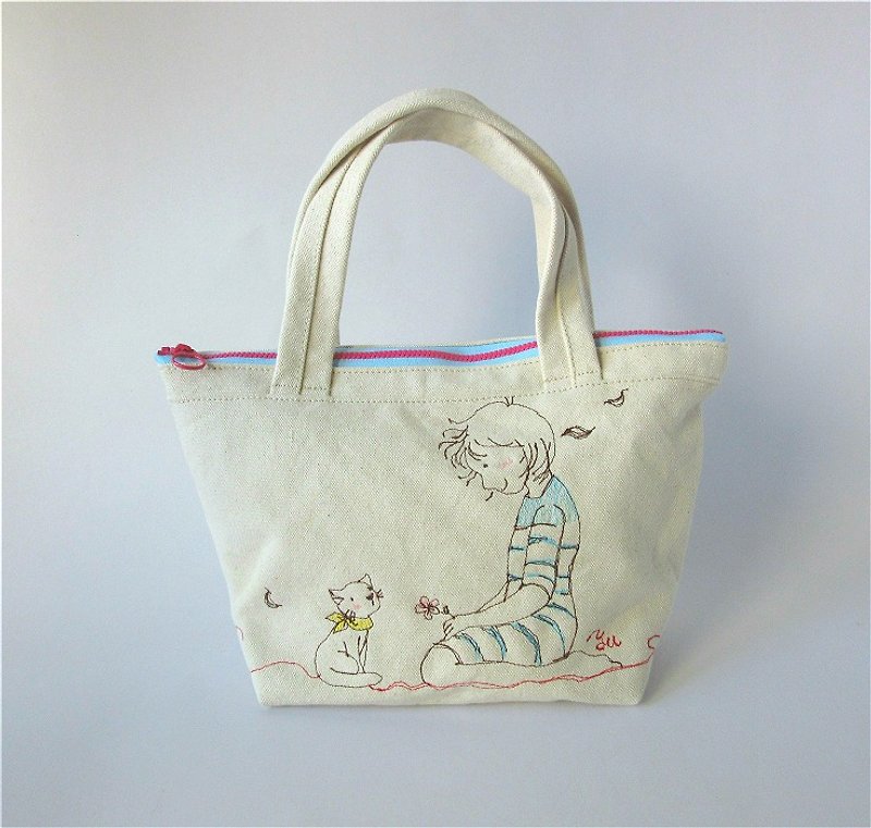 Handmade car embroidery illustration handbag - girl - กระเป๋าถือ - ผ้าฝ้าย/ผ้าลินิน ขาว
