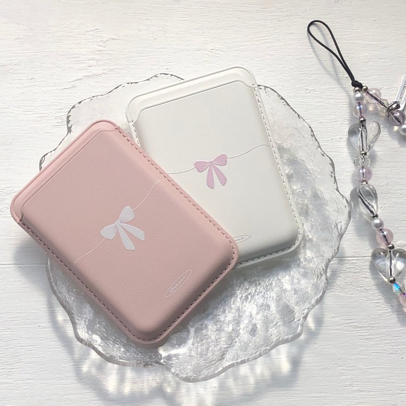 Line Bow MagSafe Silver Super Magnetic Leather Card Holder - Phone Accessories - Faux Leather Pink