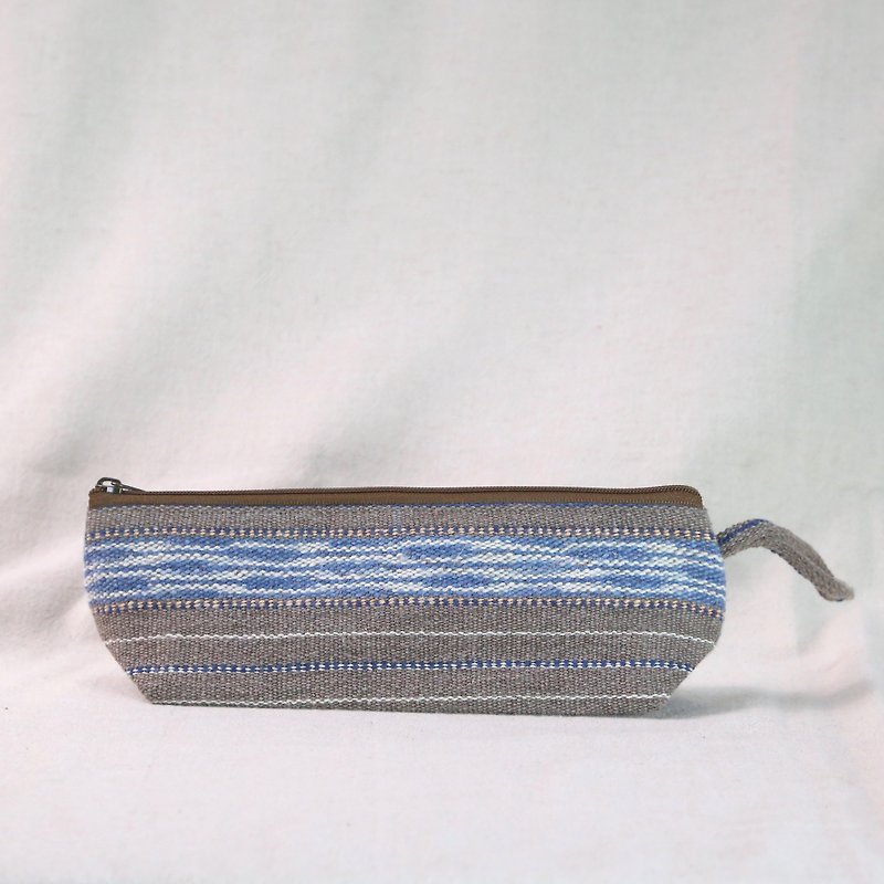 Pure Cotton Hand Woven Pencil Pouch Pencil Case Stationery Bag Stationery Bag – Blue Stripe on Dark Grey - Pencil Cases - Cotton & Hemp Gray