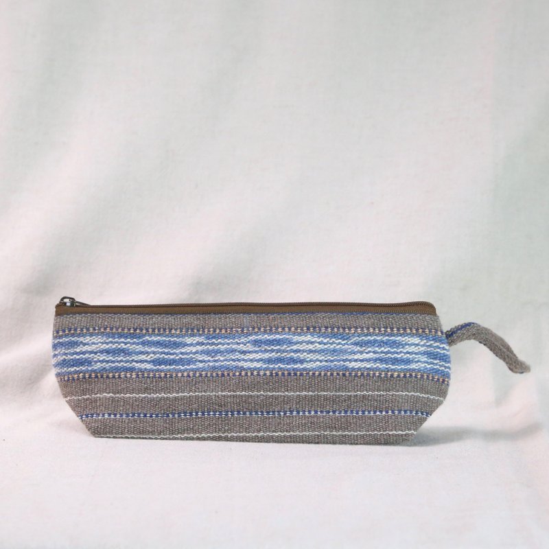 Pure Cotton Hand Woven Pencil Pouch Pencil Case Stationery Bag Stationery Bag – Blue Stripe on Dark Grey - กล่องดินสอ/ถุงดินสอ - ผ้าฝ้าย/ผ้าลินิน สีเทา