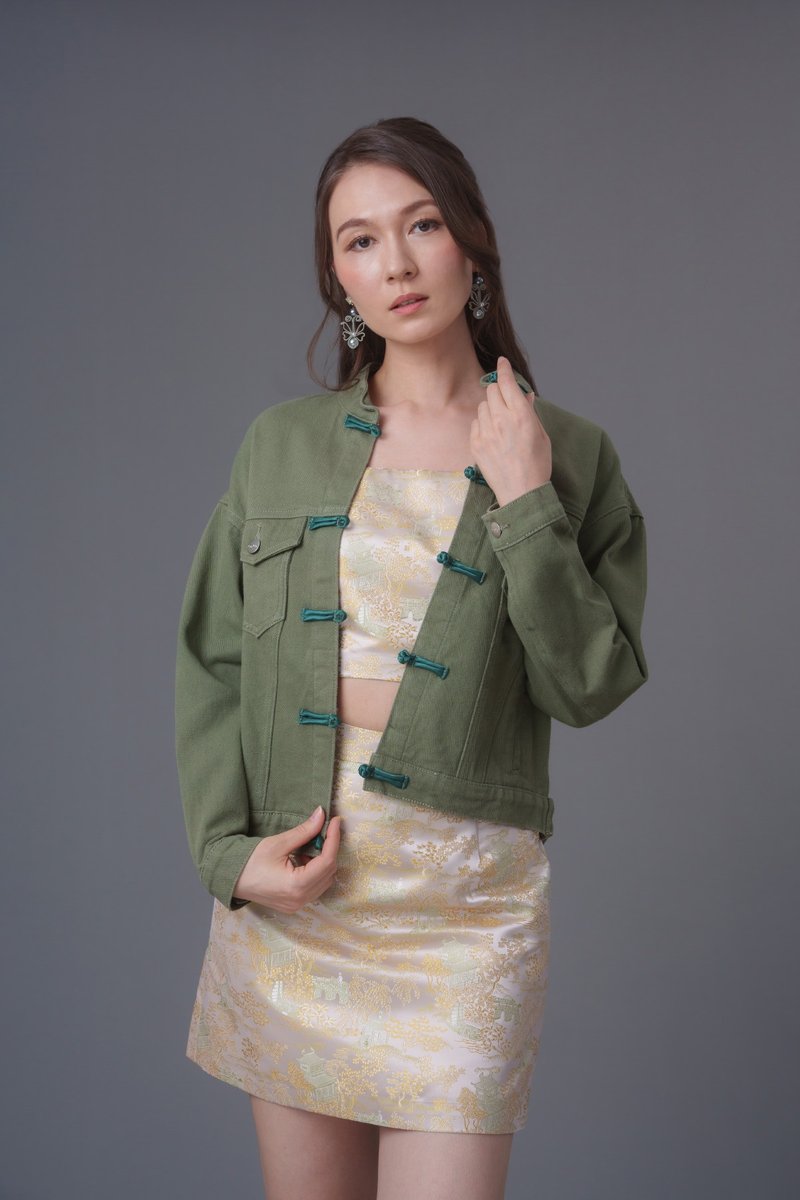 Denim Tang Jacket (Army Green) - เสื้อแจ็คเก็ต - ผ้าฝ้าย/ผ้าลินิน สีเขียว