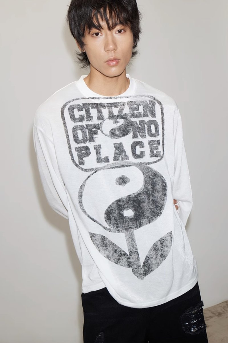 Taiji Silk T-shirt 磨損太極花銀絲長袖 - 帽T/大學T - 棉．麻 白色