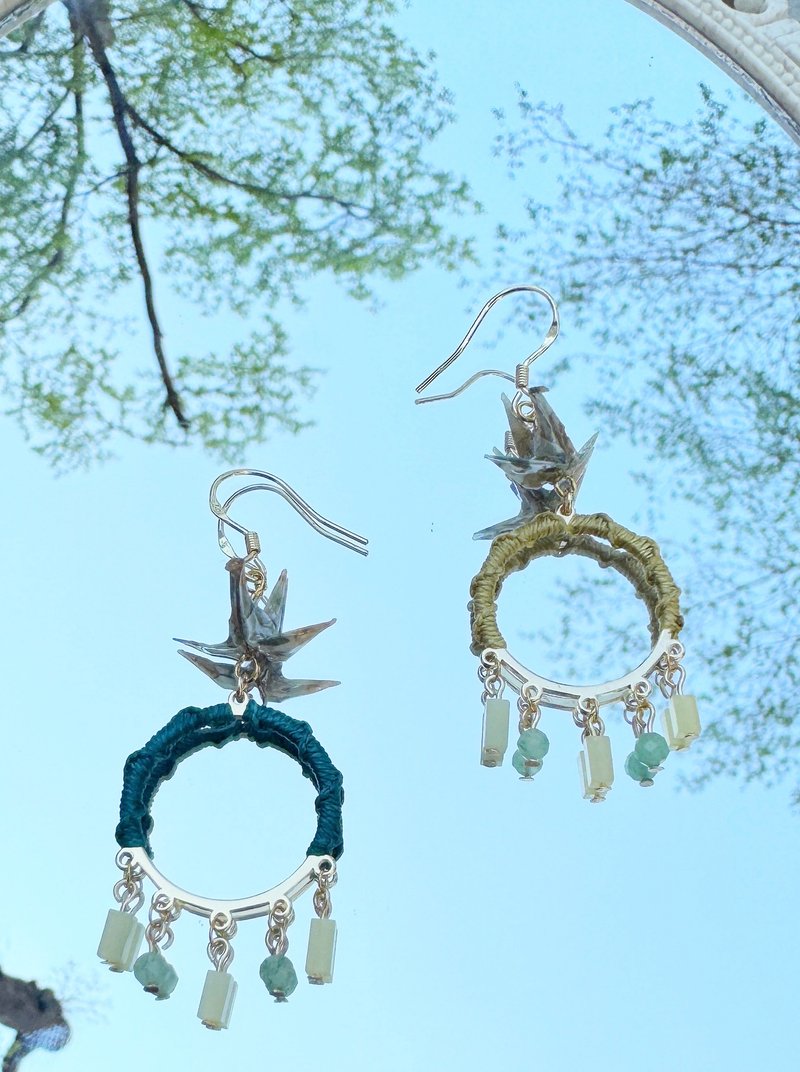 折紙鶴鴛鴦綠色 - 耳環/耳夾/耳骨夾 - 紙 綠色