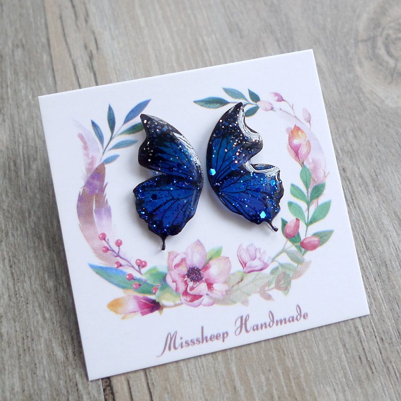 Misssheep- [BW08-dark blue butterfly] hand-made earrings (ear acupuncture / transparent ear clip) [a pair] - Earrings & Clip-ons - Plastic Blue