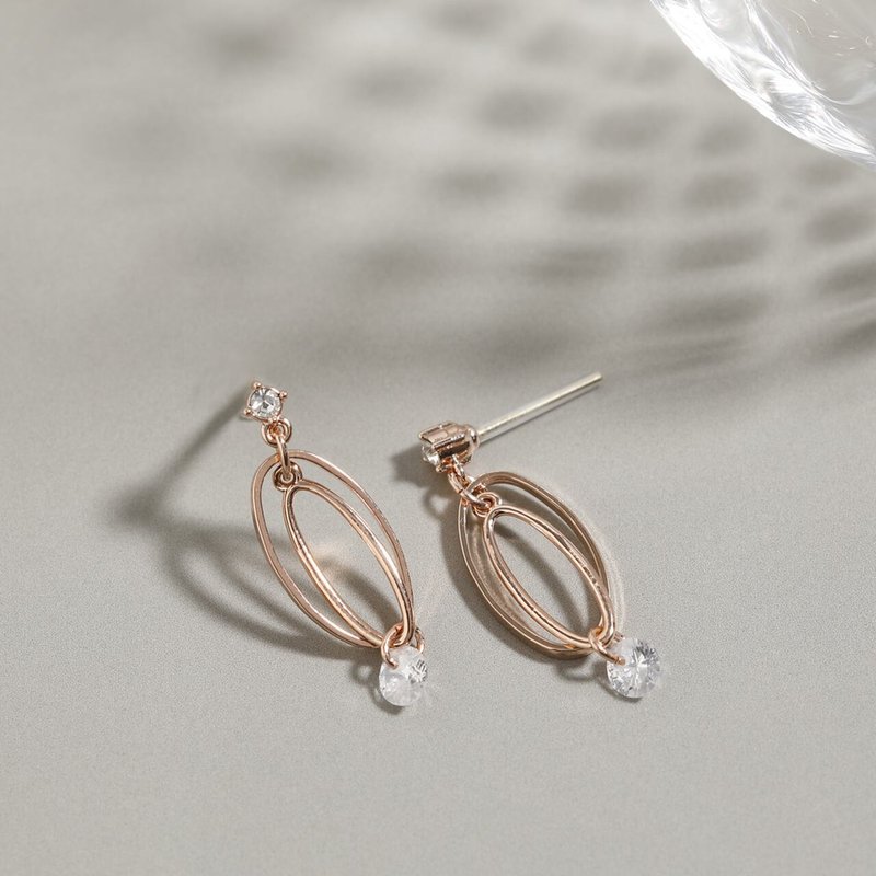 Saturn PG - Delicate oval dangling crystal post earrings in pink gold - Earrings & Clip-ons - Other Metals Pink