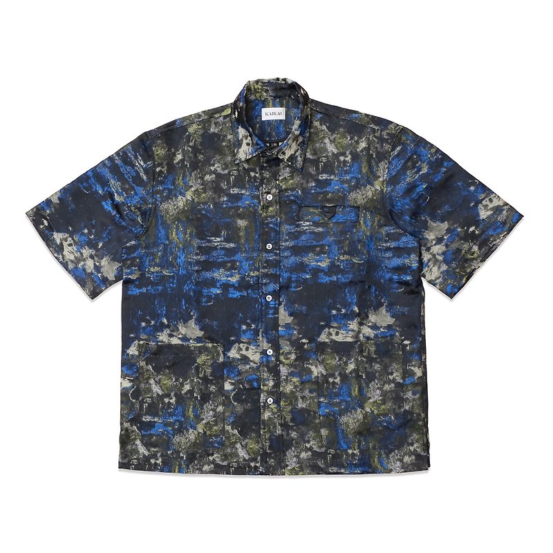 KAIKAI - UNPREDICTABLE - Blue etched jacquard short-sleeved shirt - Men's Shirts - Polyester Multicolor