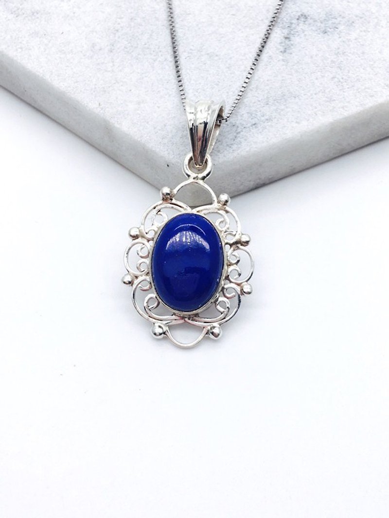 青金石925純銀典雅花紋設計項鍊 尼泊爾手工鑲嵌製作 - 項鍊 - 寶石 藍色