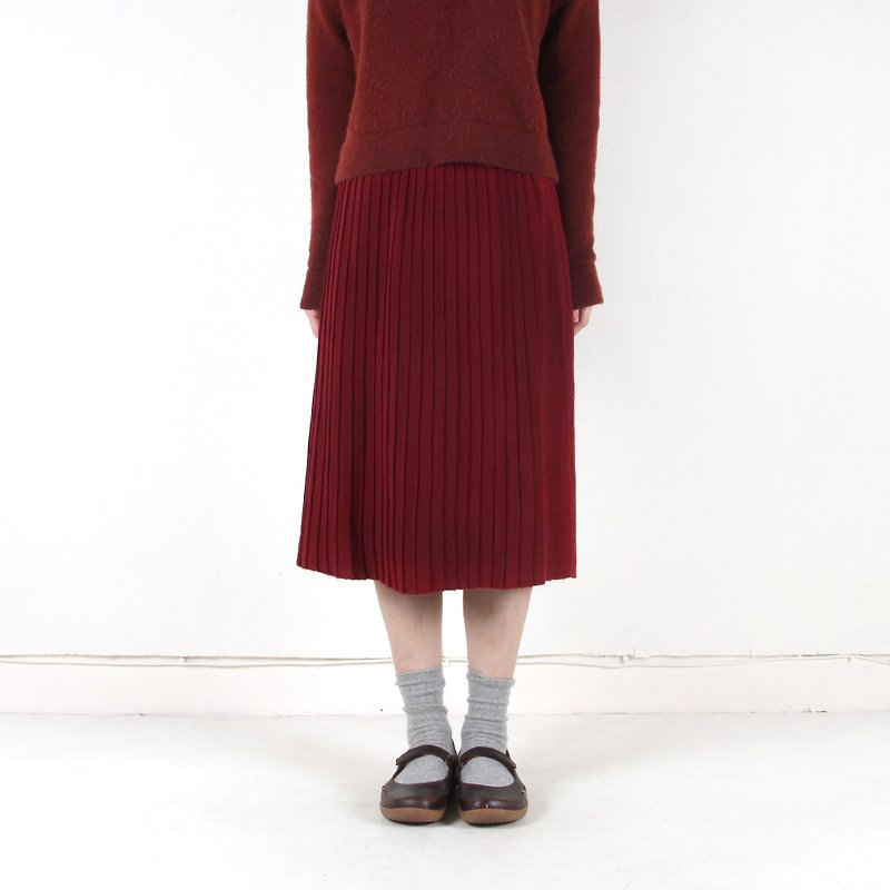 Egg plant vintage] cherry sub woolen knit vintage pleated skirt - Skirts - Wool Red