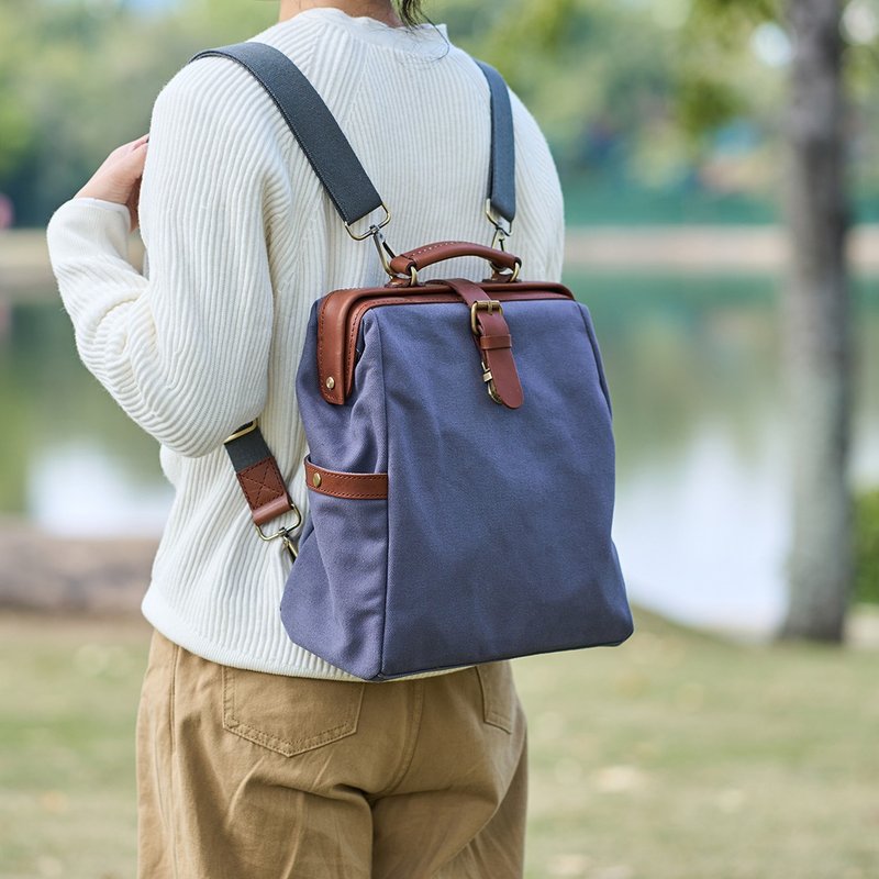 [Canvas meets leather] Golden backpack retro stitching casual backpack leather canvas bag simple and fashionable - Messenger Bags & Sling Bags - Genuine Leather Gray