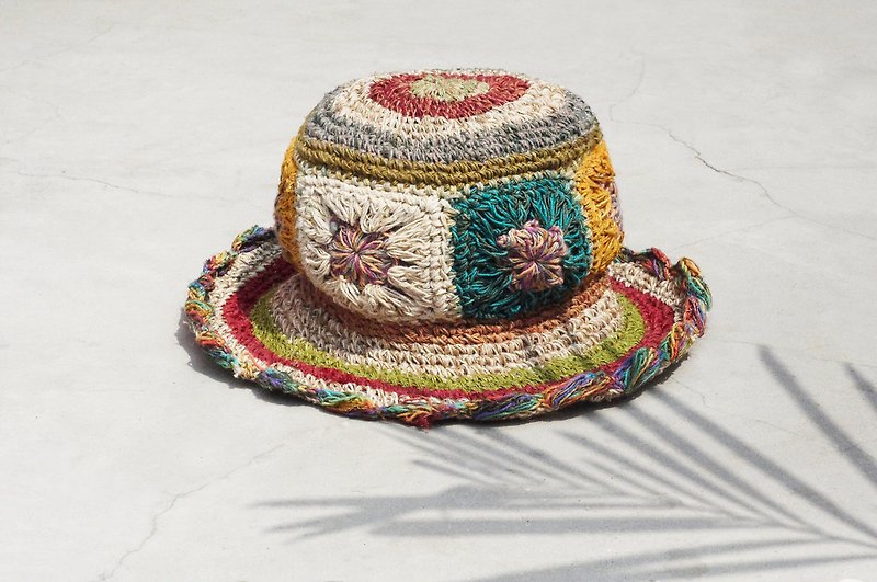 Limited edition handmade knitted cotton hood / weaving hat / fisherman hat / straw hat / sun hat / hook hat - bright color gradient forest flower weaving - Hats & Caps - Cotton & Hemp Multicolor