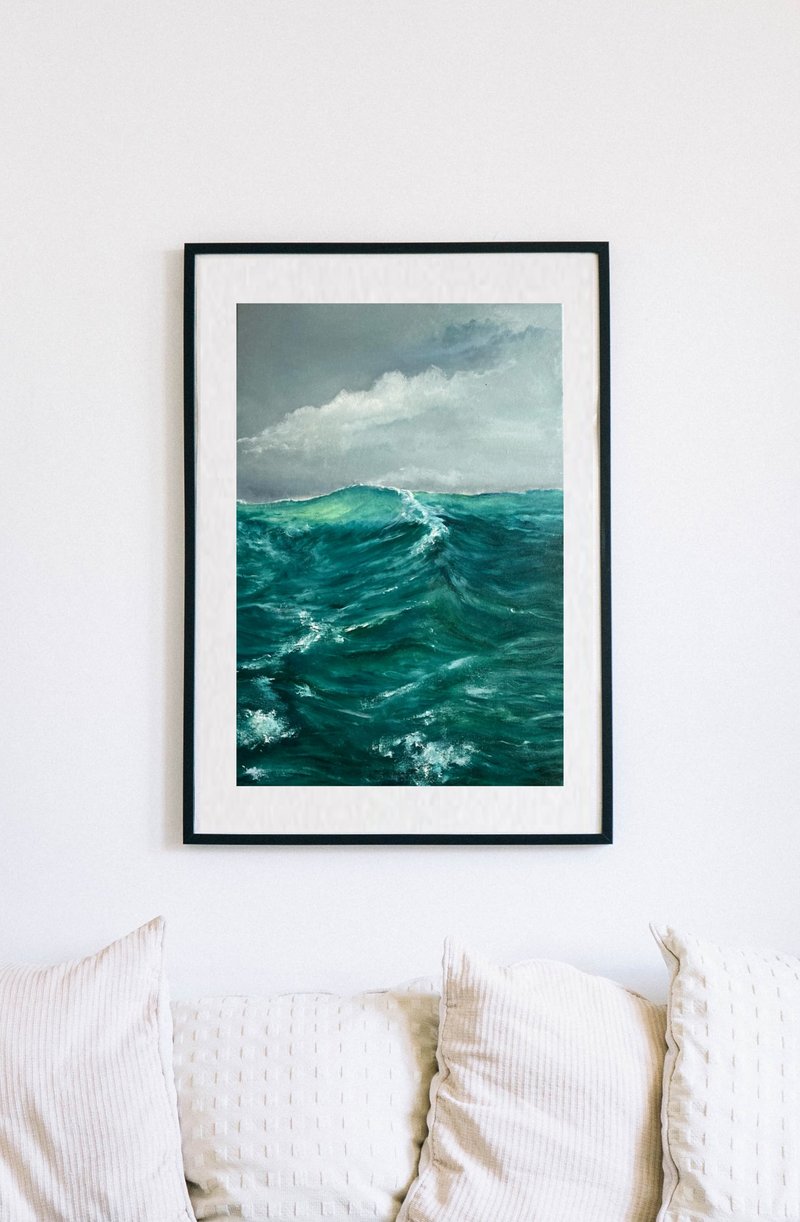 Wave Original Painting, Oil On Canvas, Seascape Painting, Ocean Art, Green Decor - 海報/掛畫/掛布 - 其他材質 綠色