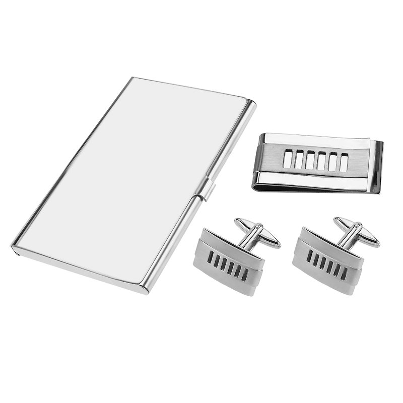 Stainless Steel Cut Out Stripes Cufflinks Money Clip and Card Holder Sets - กระดุมข้อมือ - โลหะ สีเงิน