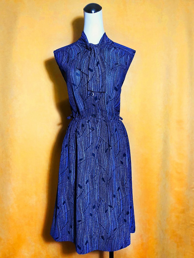 流線圖騰雪紡無袖古著洋裝 / 國外帶回 VINTAGE - 洋裝/連身裙 - 聚酯纖維 藍色