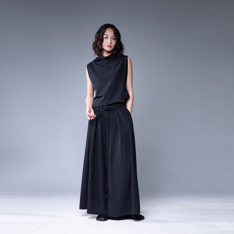 Aman No.78 Comfort Loose Pleated Wide Skirt Black - กางเกง - วัสดุอื่นๆ 