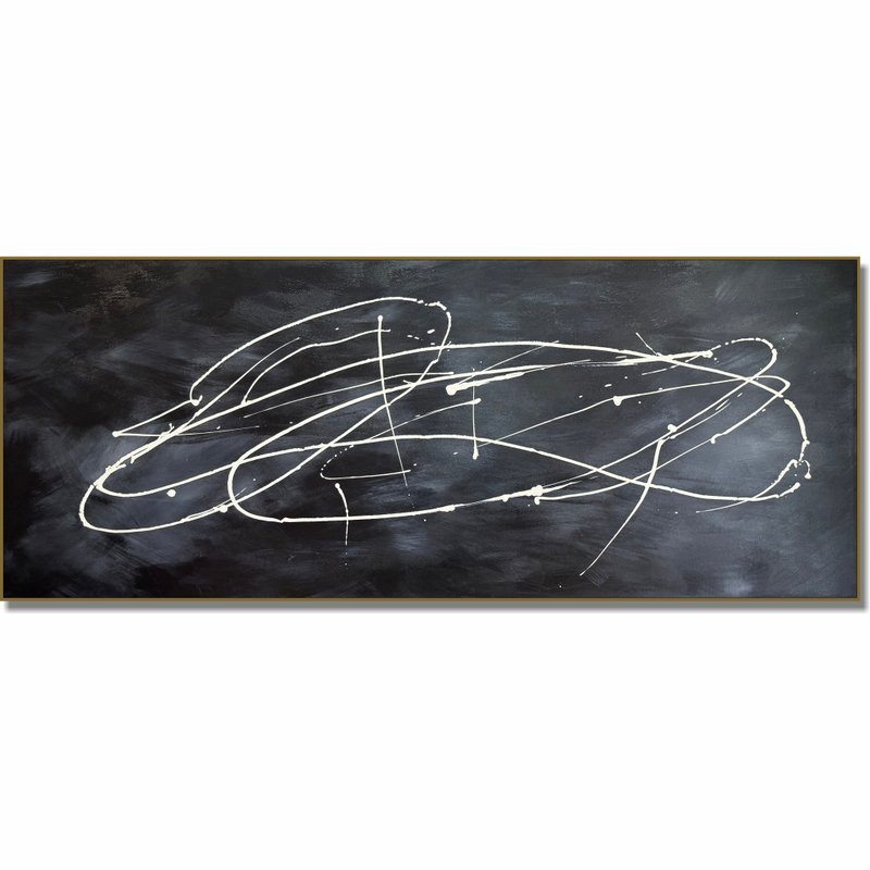 Abstract Large Painting Original Black and White Drip Painting Minimalist Line - 壁貼/牆壁裝飾 - 壓克力 黑色