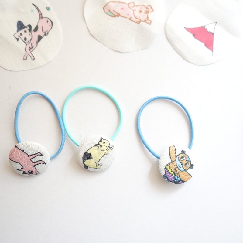 Yinke圓圓印花布餅乾髮圈 小貓小狗貓頭鷹 - 髮夾/髮圈 - 棉．麻 