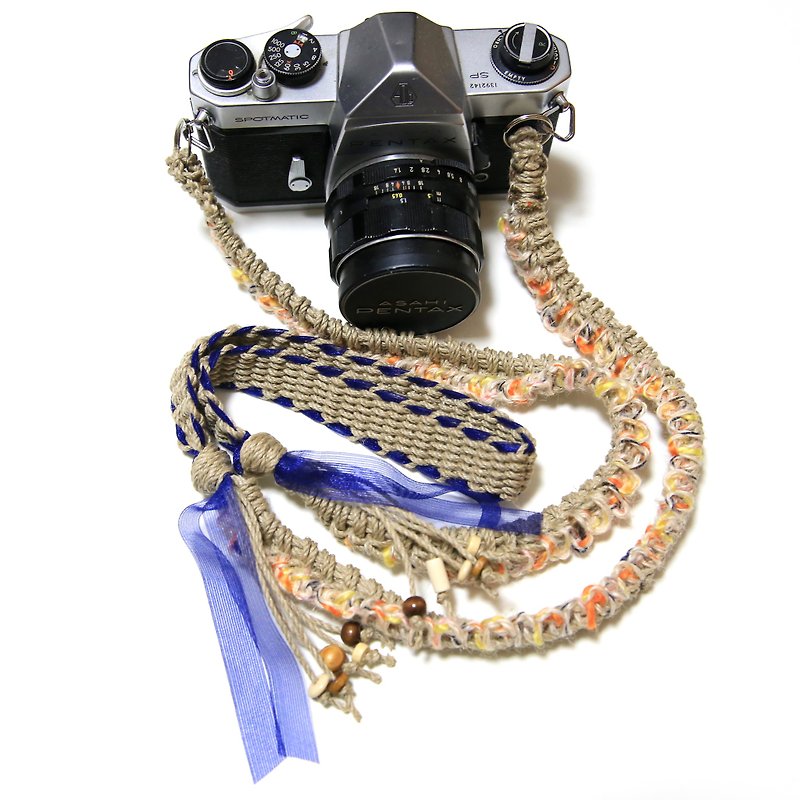 Navy ribbon hemp cord hemp camera strap / belt - เชือก/สายคล้อง - ผ้าฝ้าย/ผ้าลินิน สีน้ำเงิน