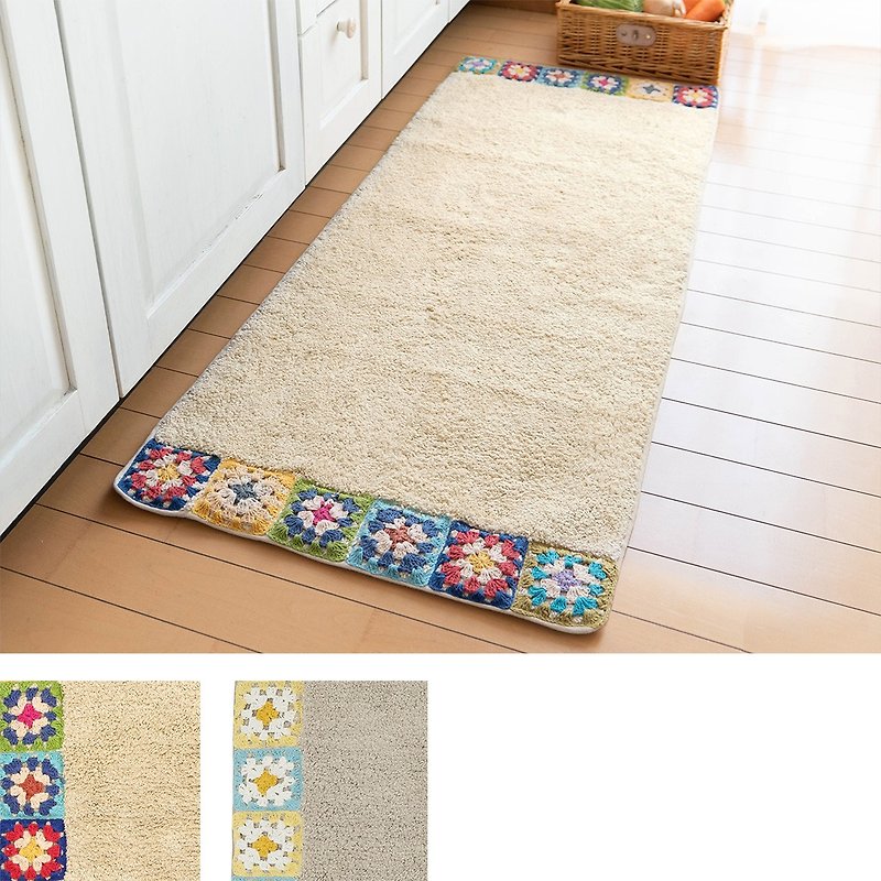 【Reservation】Colorful Crochet Flower Rectangular Rug Shape Made in India - L - พรมปูพื้น - ผ้าฝ้าย/ผ้าลินิน สีกากี