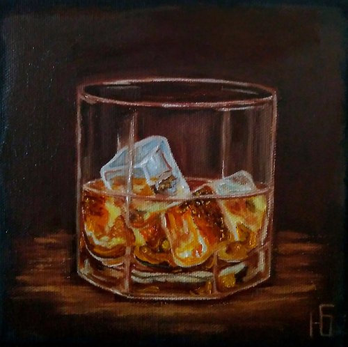 ColoredCatsArt Ice Whiskey Painting, Glass of Bourbon Original Wall Art, Kitchen Decor. 手工油畫