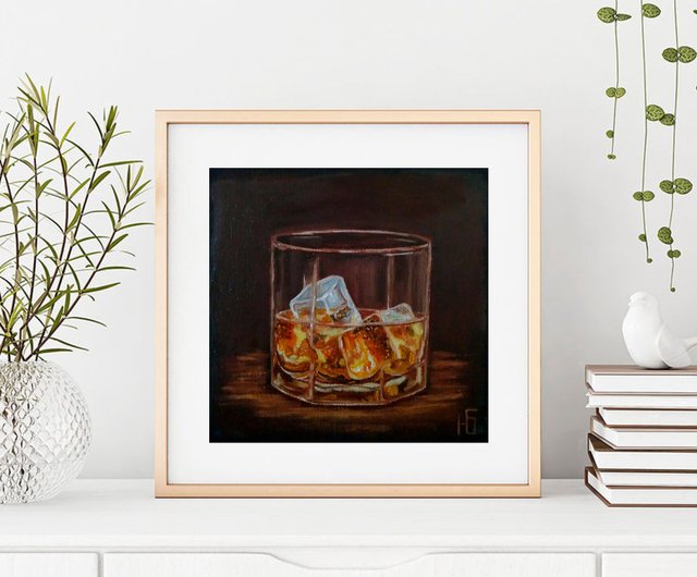 Ice Whiskey Painting, Glass of Bourbon Original Wall Art, Kitchen Decor.  手工油畫 - Shop ColoredCatsArt Posters - Pinkoi