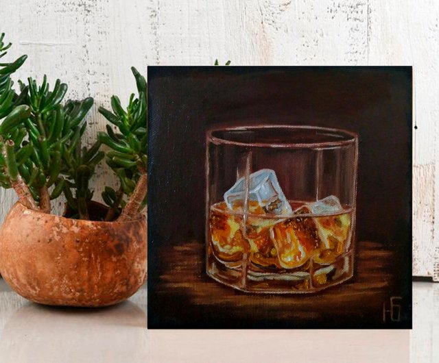 Ice Whiskey Painting, Glass of Bourbon Original Wall Art, Kitchen Decor.  手工油畫 - Shop ColoredCatsArt Posters - Pinkoi