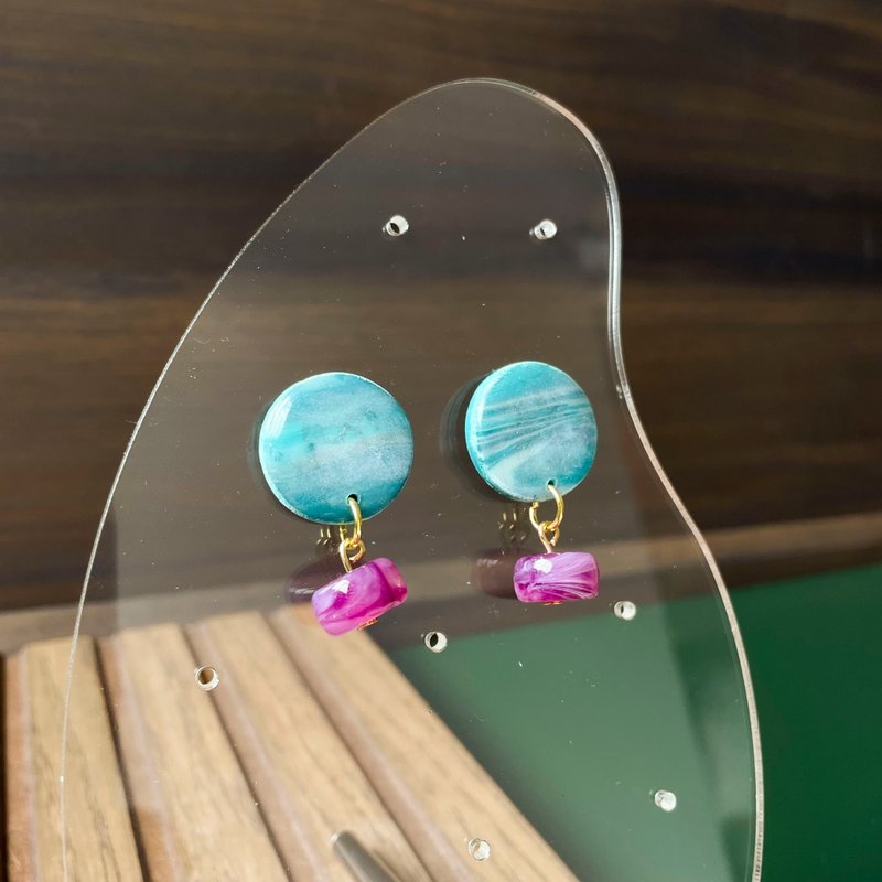 Dangling earrings, auspicious Stone, turquoise, light blue, pink, ruby - Earrings & Clip-ons - Other Materials Multicolor