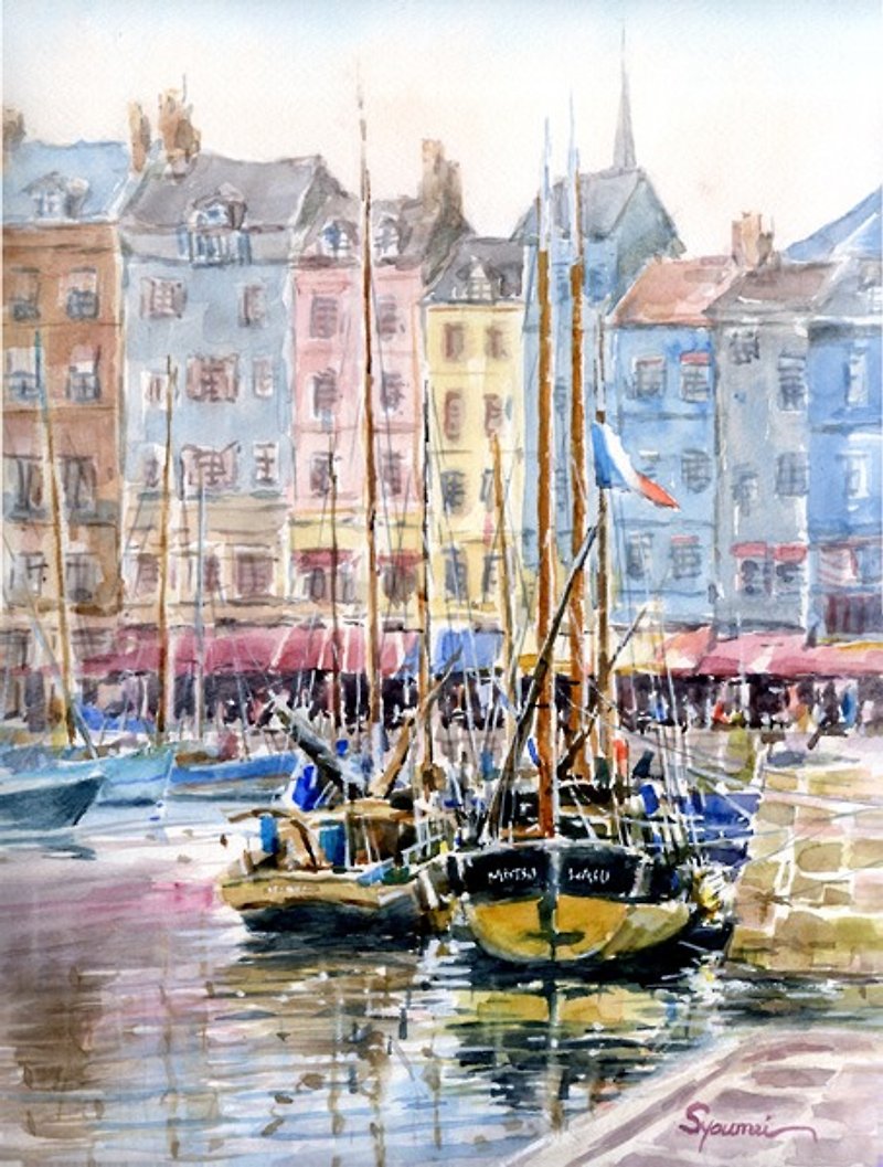 Watercolor painting Honfleur port - โปสเตอร์ - กระดาษ สีกากี