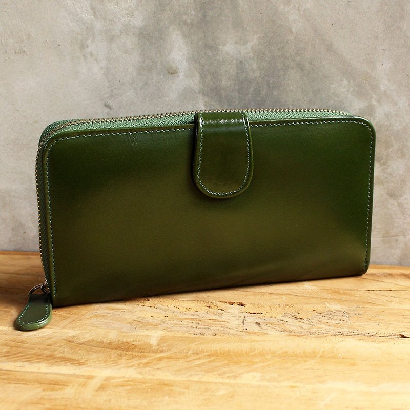 Leather Wallet - Zip Around Plus - สีเขียวเข้ม (Genuine Cow Leather) / 錢包  - กระเป๋าสตางค์ - หนังแท้ สีเขียว