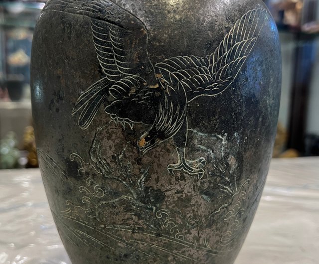 日本明治大正老銅瓶古董花瓶錯金雕鷹紋百年錯金銅瓶錯金雕刻山奇